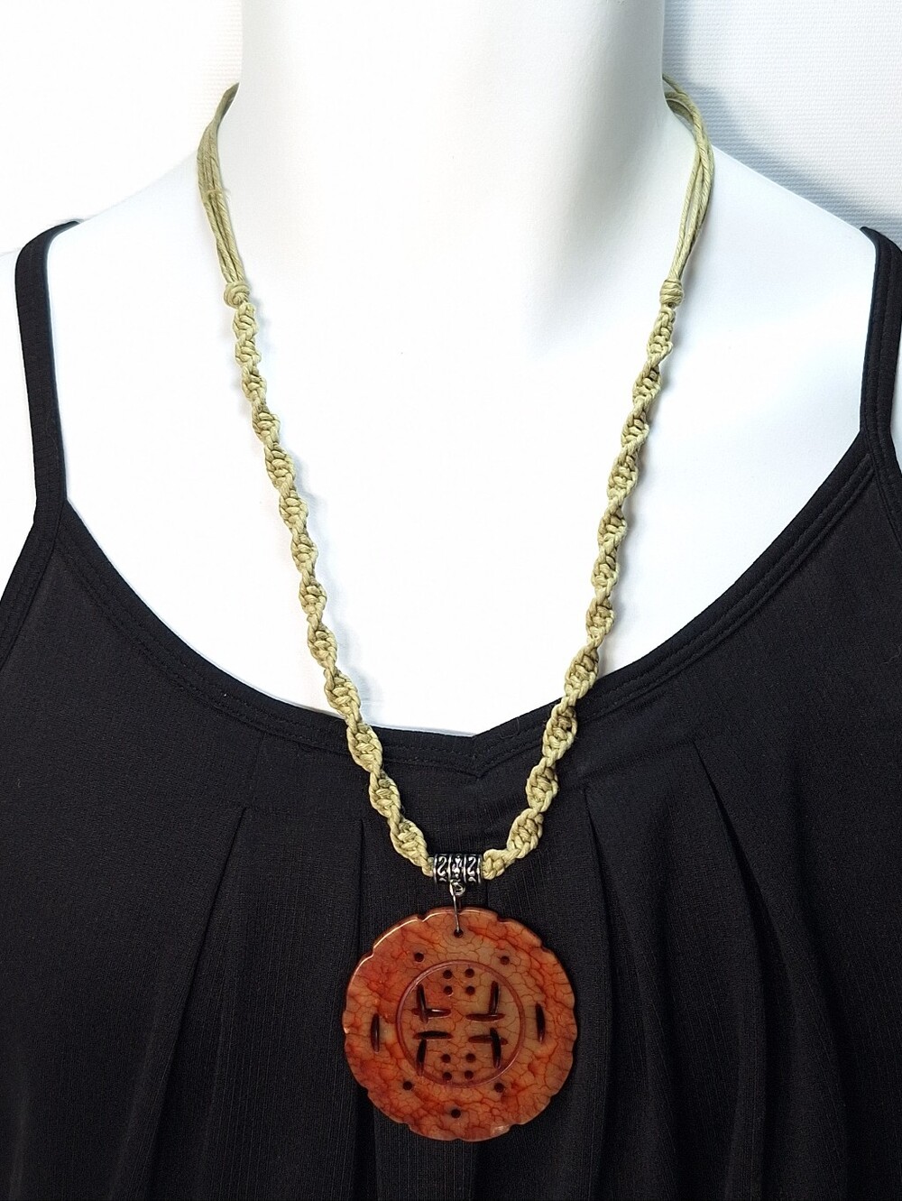 Macrame Cord Chinese Carved Red Stone Medallion Necklace